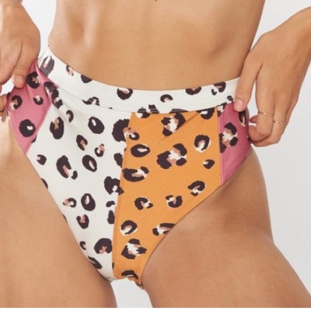 Red Carter Leopard Print Colorblock High Waisted Bikini Bottoms Pink Orange S